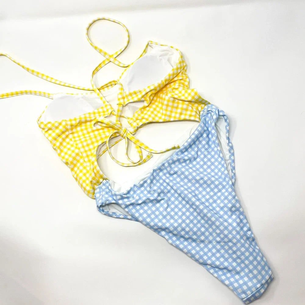 AQUA Pastel Checkered Cut Out‎ One Piece Swimsuit